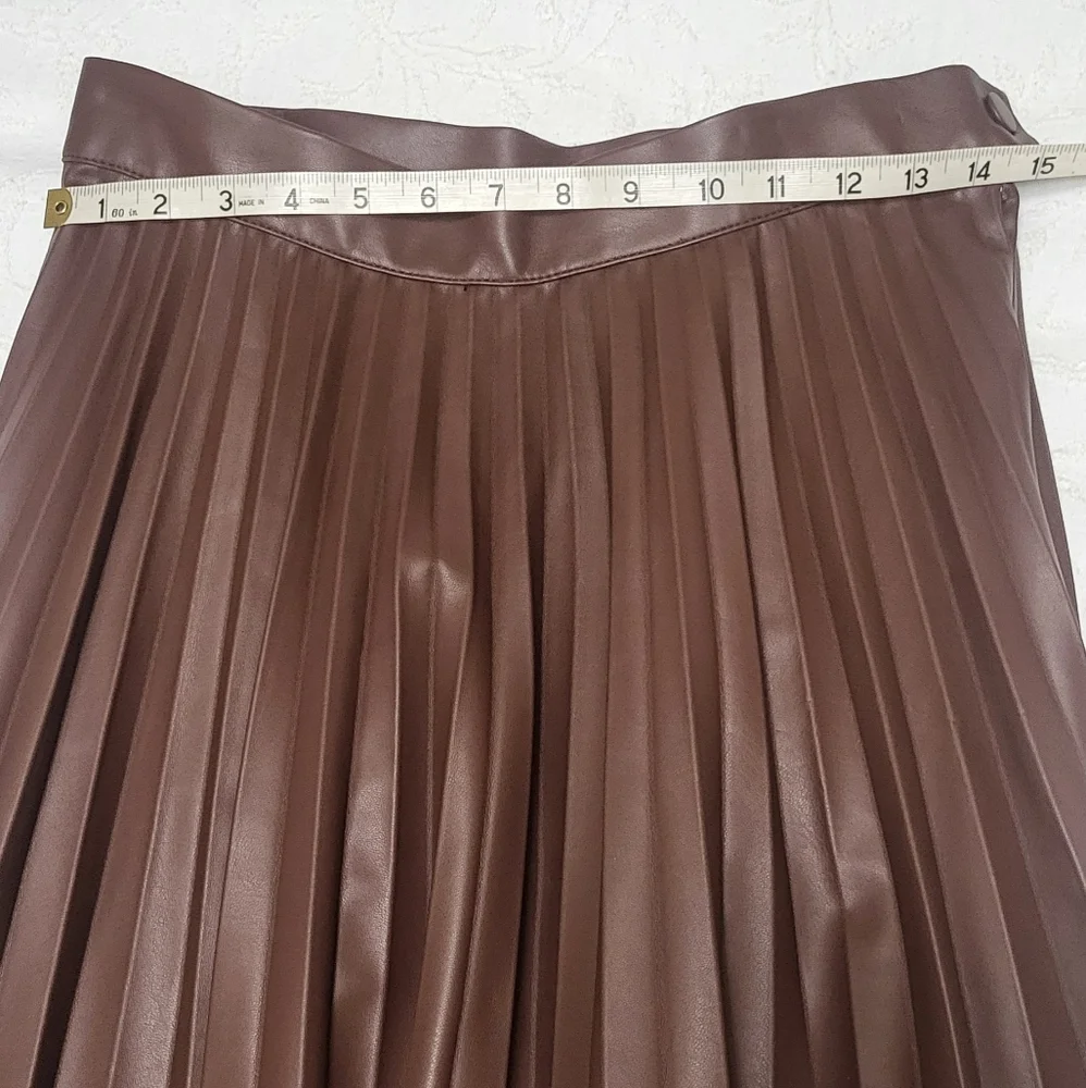 H&M Brown Leather Midi A-Line Pleated Skirt Full Circle - Picture 5 of 15